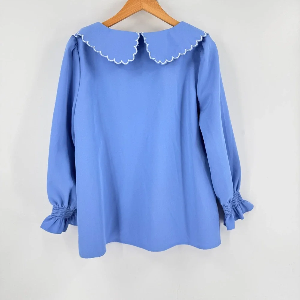 Tuckernuck Easton Blouse Blue Embroidered Scallop Collar Puff Sleeve Size L